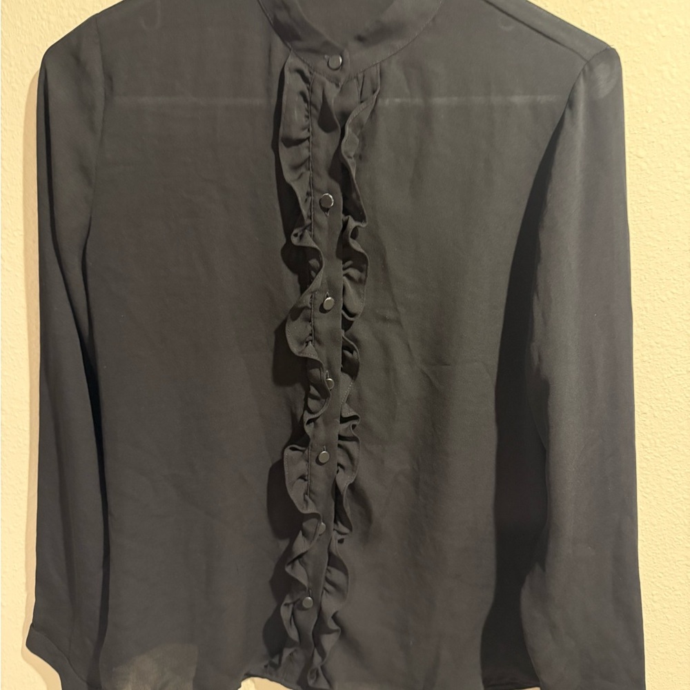 Ann Taylor Black Ruffled Long Sleeve Blouse SP